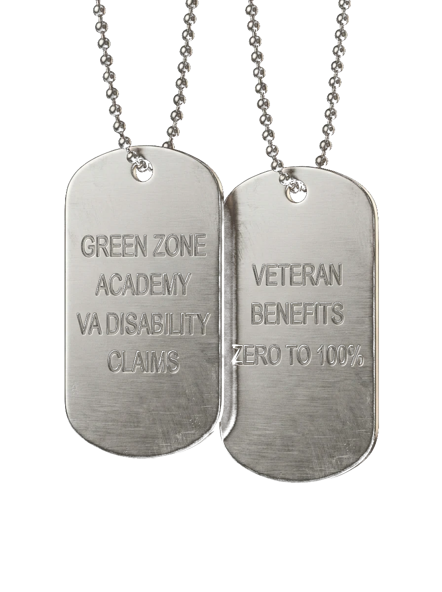 Two military dog tags stamped with Green Zone Academy hanging on a beaded ball chain