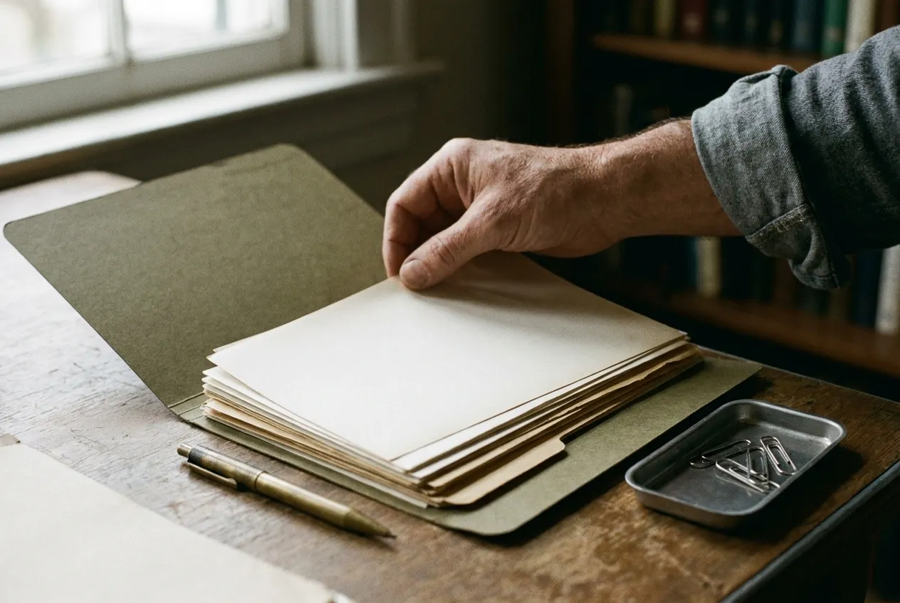 Interview notes and a service record being organized